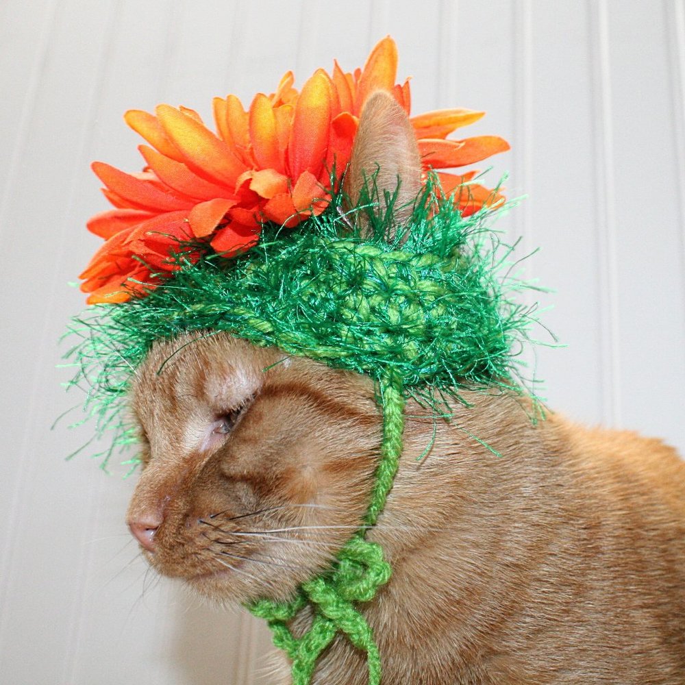 HAND CRAFTED Flower Child Cat Hat Crochet Hairy Wig Costume Photo Prop - Picture 5 of 14